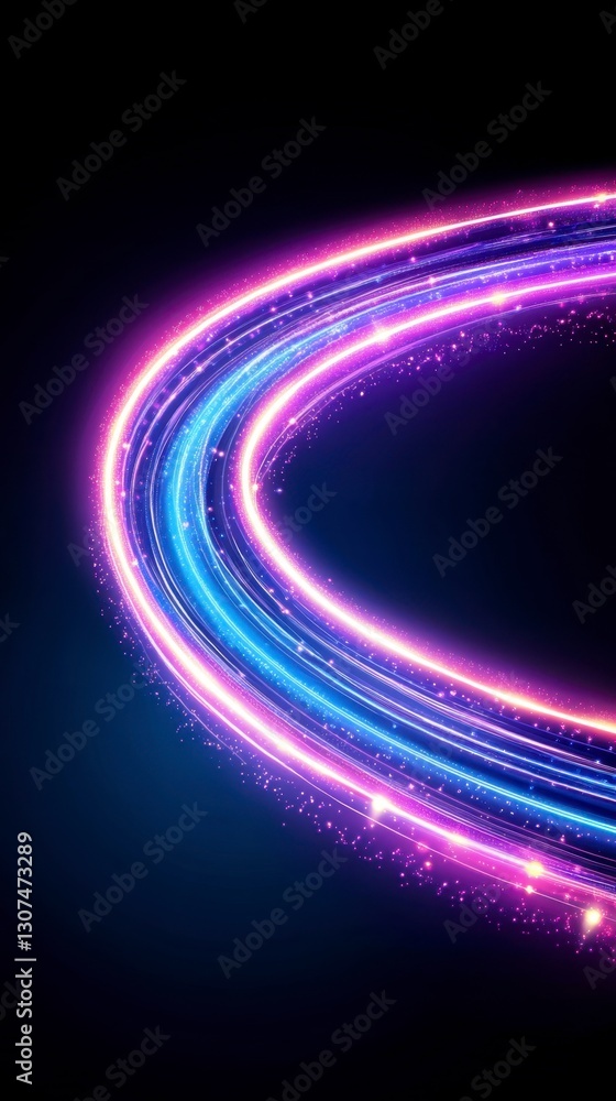 Poster abstract background with vibrant purple and blue light trails forming a curved shape on a dark backg
