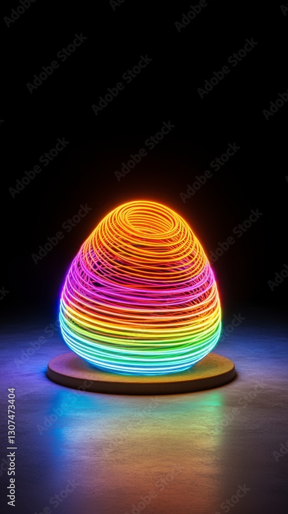 Poster abstract vibrant rainbow colored egg shaped object with layered lines of light, illuminated on dark 