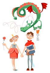 Princess, knight and dragon. Diada de Sant Jordi (the Saint George’s Day). Traditional festival in Catalonia, Spain.