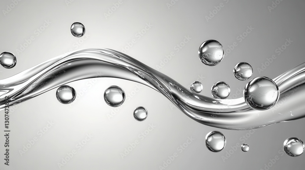 Poster abstract flowing silver liquid with shiny reflective bubbles on a gray background. clean lines and s