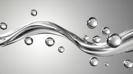 Abstract flowing silver liquid with shiny reflective bubbles on a gray background. Clean lines and smooth curves create a sense of fluidity and movement.