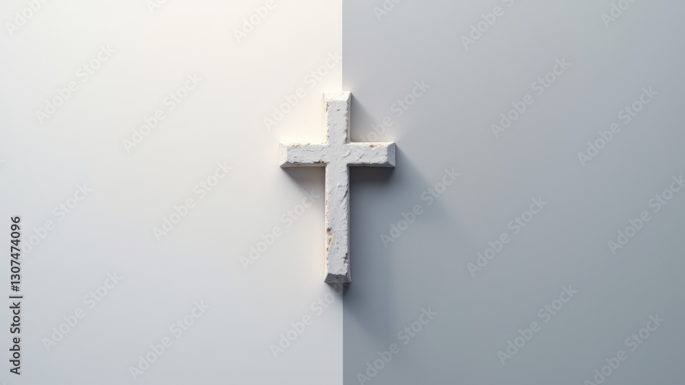 Poster a cross made of bricks embedded in a gray wall with sunlight shining on its surface, symbolizing fai