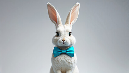 Obraz premium Elegant white rabbit wearing a blue bow tie on a simple background