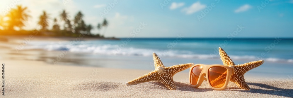 Poster starfish resting on sand next to sunglasses by the calm ocean at a tropical beach during sunset gene
