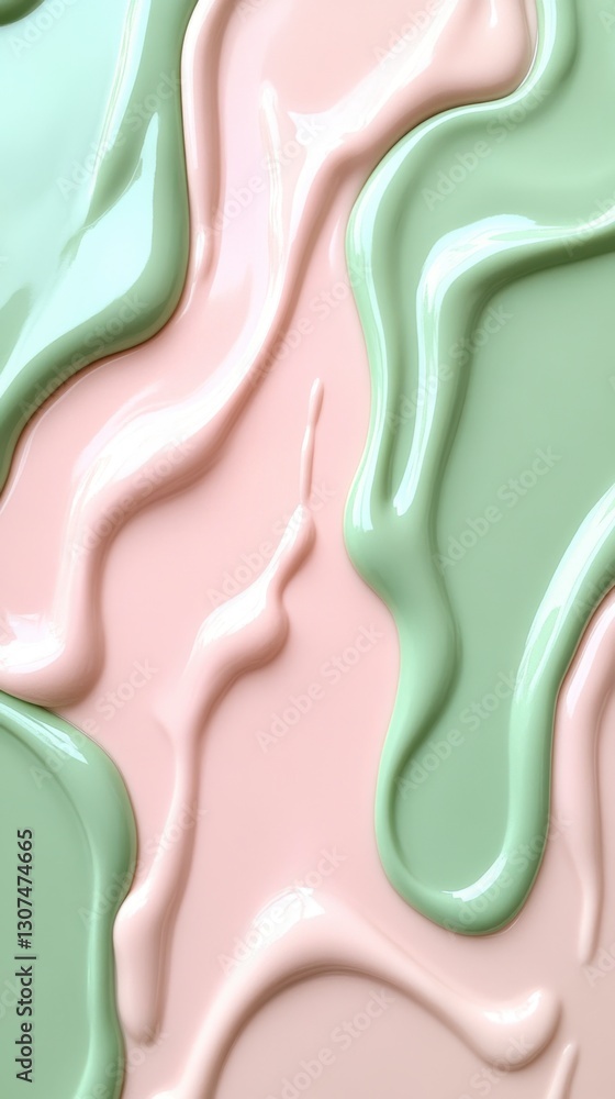 Poster abstract image of pale pink and light green swirls. close up view of smooth, glossy paint or cream t