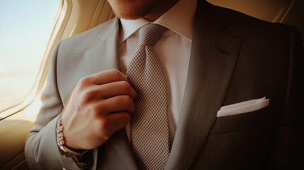 well dressed man adjusting his tie while seated by airplane window, exuding confidence and sophistication. warm light enhances elegant atmosphere