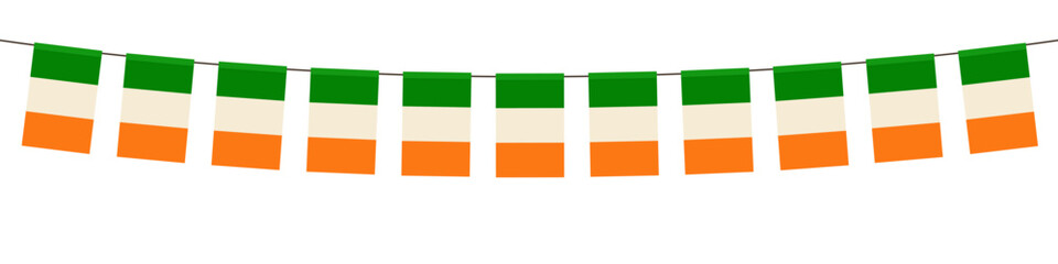 Ireland flags garland isolated on white background. Design concept for St. Patrick's Day, festival, carnival, national holidays, ets.