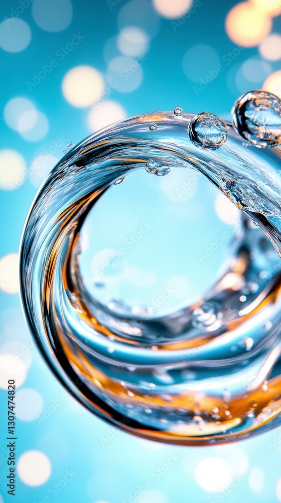 Poster abstract close up of swirling water droplets forming a sphere against a bokeh background of blue and