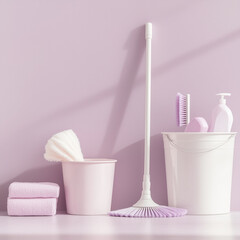 Mop and Cleaning Equipment on a Pastel Background, Housekeeping and Hygiene Concept  
