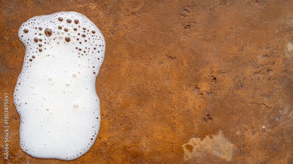 Poster abstract image of white foam on a brown textured background. the foam is irregular in shape with sma