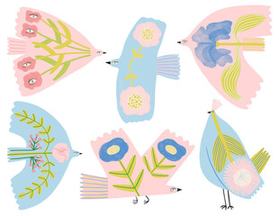 Set of whimsical floral decorated birds