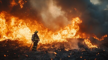 Obraz premium Silhouette of a fireman against the background of fire 