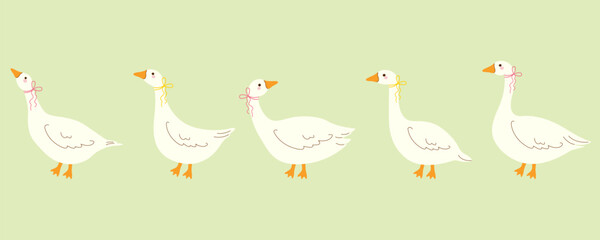 Set of white cute goose characters in different poses. Vector illustration.