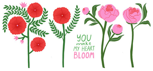 Set of hand drawn bold colorful flowers