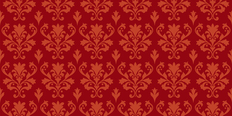 Elegant red seamless pattern in baroque style. Abstract floral geometric ornament with curly elements, foliage. Vector background in rococo, revival, damask style. Vintage decorative luxury design