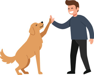 A cheerful man playfully interacting with a golden retriever dog in a flat, minimal style vector art