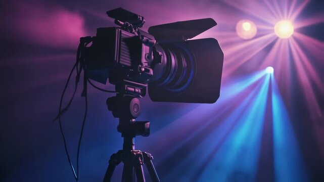 Professional video camera capturing live performance under vibrant blue and pink stage lights, highlighting dynamic visual production with high end broadcasting equipment