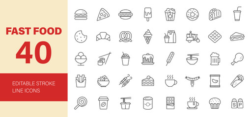 Fast food icon set. Restaurant menu related icons: burger, donut, french fries, hot dog, kabab, pizza, ice cream, beer, coffee, desserts and more. Editable line icons. Vector illustration.