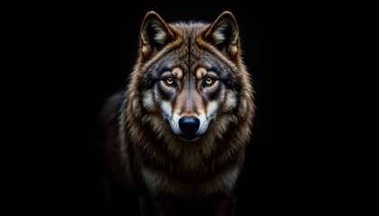 Fototapeta premium The portrait showcases a majestic adult wolf with piercing eyes and a thick fur coat, set against a striking black background that highlights its fierce and powerful presence.