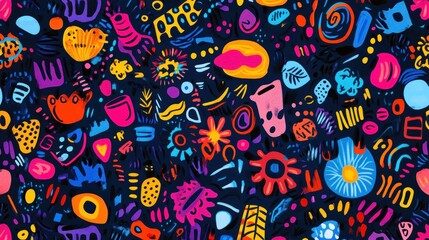 Vibrant abstract seamless pattern with colorful doodles and shapes on dark background.