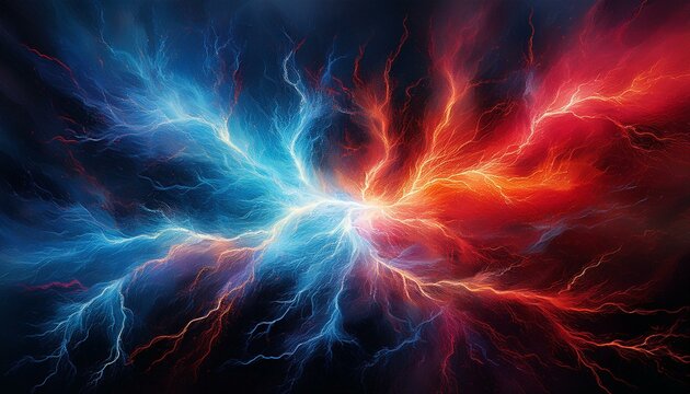 a gritty textured paper like depiction of colliding blue and red lightning creating a dynamic energetic visual the contrast is striking against a black background