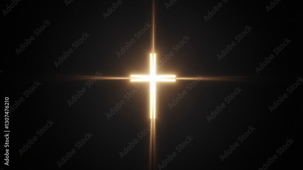 Poster christian cross with light rays emanating from it against a dark background.
