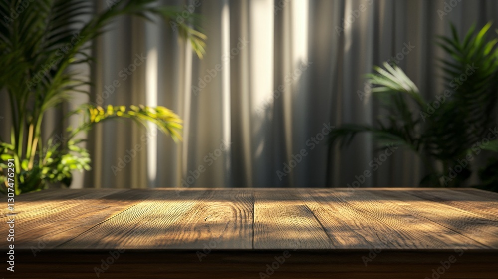 Poster on an empty wood table, warm sunlight gently illuminates the rustic surface, while soft shadows danc