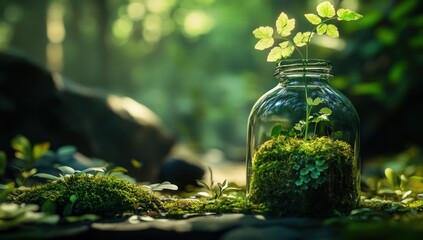 Small plant in glass jar on moss-covered rocks in a serene forest setting.