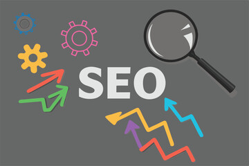 SEO, Search Engine Optimization ranking concept, magnifying glass with arrows pointing to alphabets abbreviation SEO at the center of cement wall chalkboard, the idea of promote traffic to website.