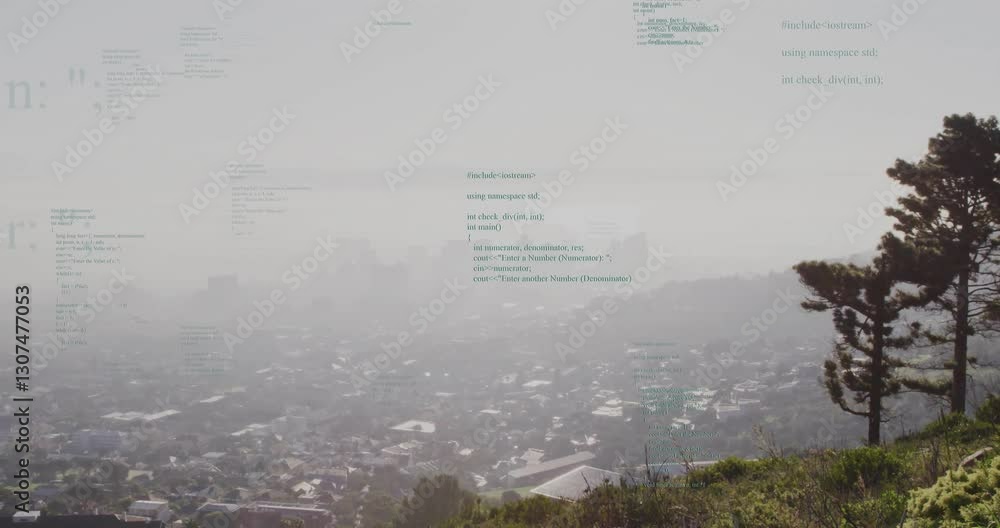 Poster overlaying computer code, cityscape with trees and buildings in background, animation