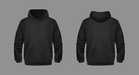 Stylish Black Unisex Hoodie. Front and Back View. Sports hoodies. Cozy clothes.