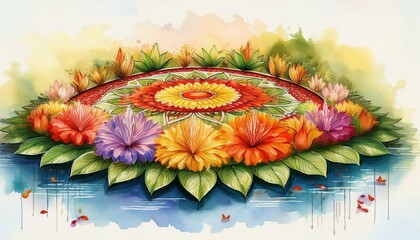 watercolor illustration of a beautiful pookalam an intricate flower carpet adorns the courtyard celebrate the spirit of onam kerala traditional festival onam concept image