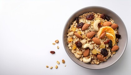 muesli bowl organic ingredients for healthy breakfast granola nuts dried fruits oatmeal whole grain flakes on white background copy space