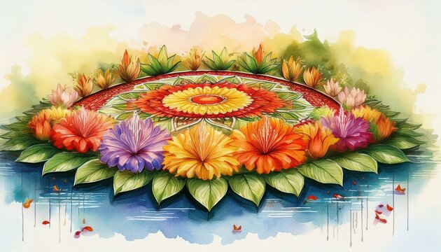 watercolor illustration of a beautiful pookalam an intricate flower carpet adorns the courtyard celebrate the spirit of onam kerala traditional festival onam concept image
