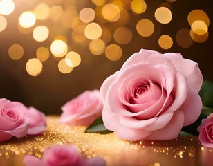 pink roses with gold bokeh background