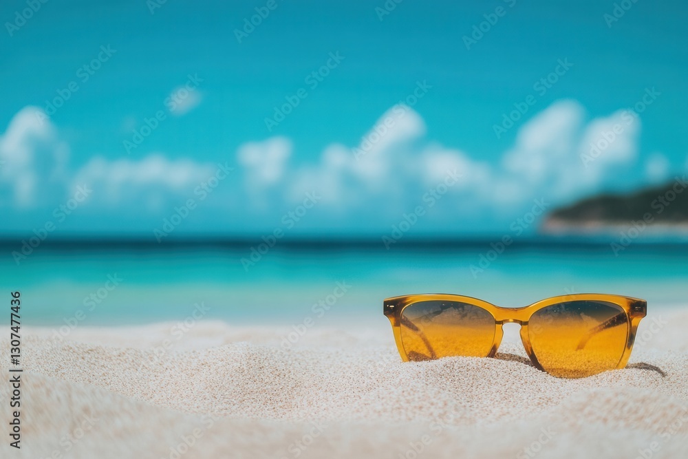Poster sunglasses resting on sandy beach with clear blue ocean and sky in the background during bright sunn