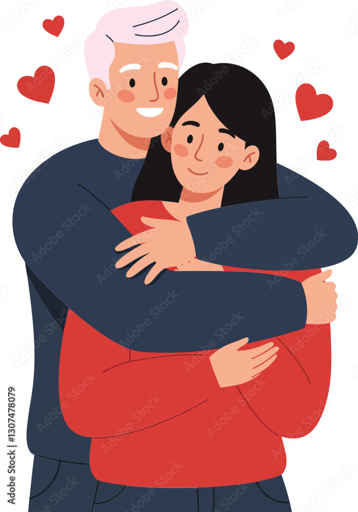 Poster two happy people embracing each other with love and affection in a flat design vector art style with
