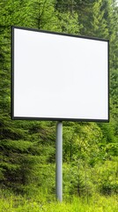 Blank billboard advertisement mockup with white space, standing on a metal pole, surrounded by lush green forest. Perfect for advertising and marketing materials.