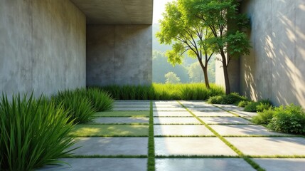 Serene Modern Courtyard Sunlit Concrete Patio with Lush Greenery and a Tranquil Tree