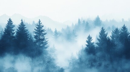 A dense evergreen forest engulfed in a thick atmospheric fog