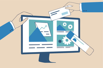 Build website with template customization, SEO optimization for search result, develop app or wireframe, customizable software development concept, hands help building website on computer screen.