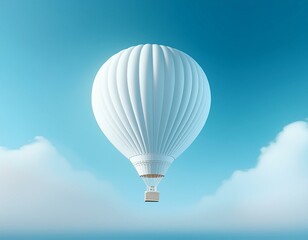 a white hot air balloon floating in the clear sky a minimalist realistic photographic style a light blue background a minimalist scene soft tones and high definition image qu