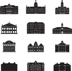 Set of classic historical building silhouettes in black vector style, featuring government, university, courthouse, and architecture icons