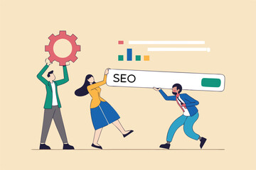 SEO, search engine optimization to help website reach top ranking in search result page, promote website or communication concept, businessman people help optimize website URL to 1st rank search bar.