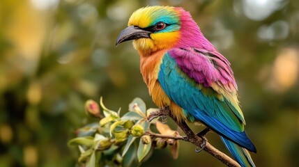 Fototapeta premium Vibrant bird perched on branch with soft green bokeh. Wildlife nature photography