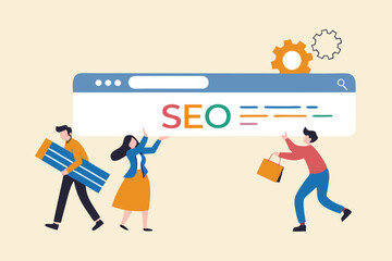 SEO, search engine optimization to help website reach top ranking in search result page, promote website or communication concept, businessman people help optimize website URL to 1st rank search bar.