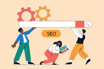 SEO, search engine optimization to help website reach top ranking in search result page, promote website or communication concept, businessman people help optimize website URL to 1st rank search bar.