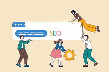 SEO, search engine optimization to help website reach top ranking in search result page, promote website or communication concept, businessman people help optimize website URL to 1st rank search bar.