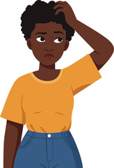 Fototapeta premium A young woman with curly hair wearing an orange shirt and blue jeans, displaying a thoughtful expression in a minimal vector illustration