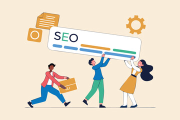 SEO, search engine optimization to help website reach top ranking in search result page, promote website or communication concept, businessman people help optimize website URL to 1st rank search bar.
